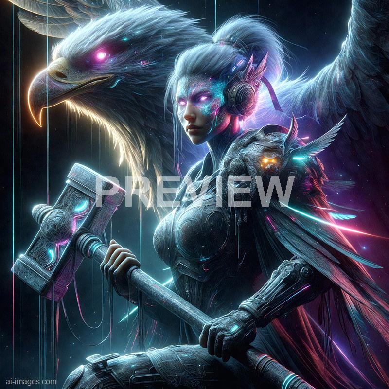 The image depicts a futuristic, cybernetic female warrior with glowing purple eyes, wearing high-tech armor with intricate patterns and luminous accents. She is seated confidently, holding a large hammer with glowing details, and is complemented by a majestic, glowing eagle with radiant feathers and piercing eyes, which appears to be her companion or guardian. The background features a cosmic scene with stars and streaks of light, emphasizing a sci-fi, fantasy atmosphere.